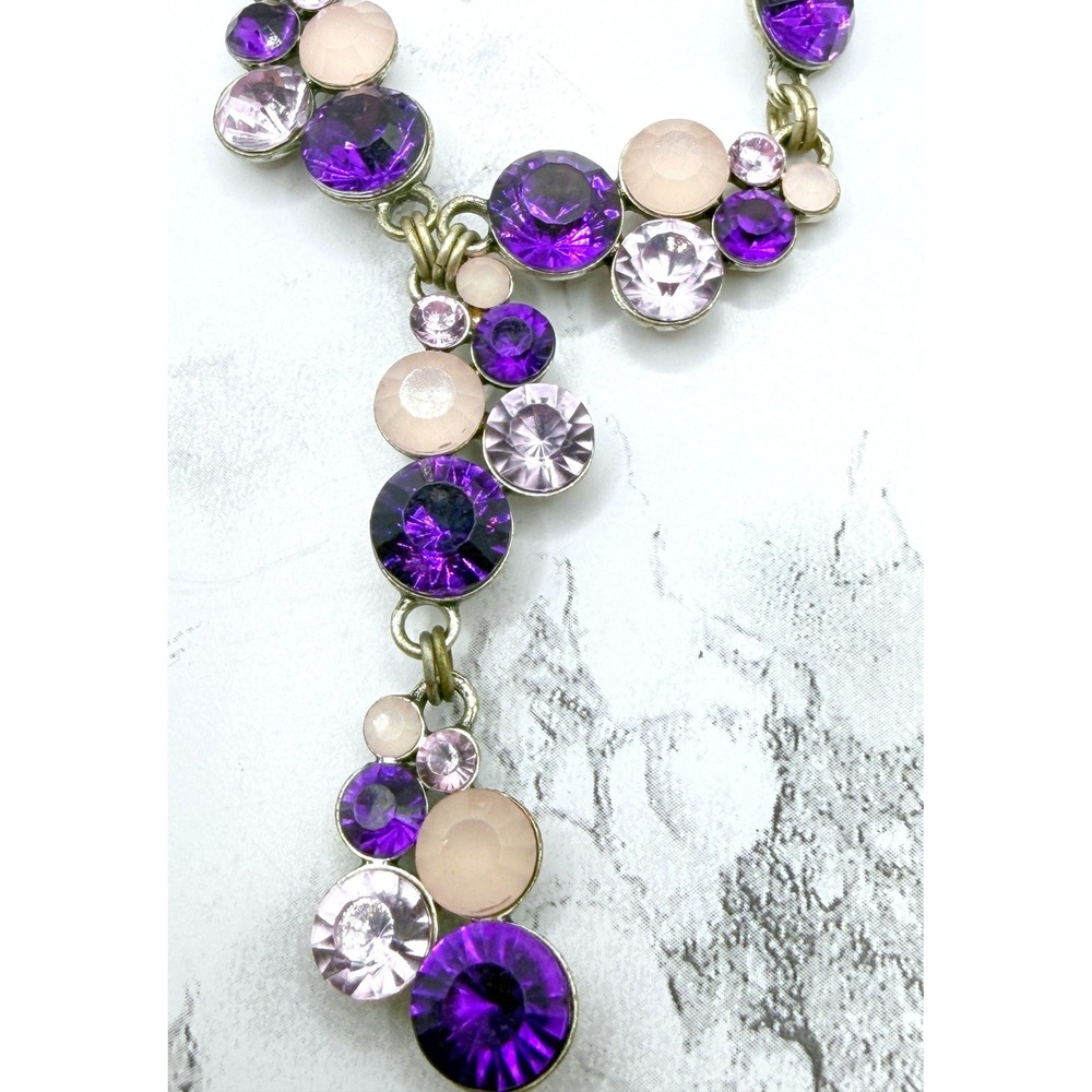 SHA Purple Rhinestone Y Necklace Lavender Pink Glass Drop Pendant‎